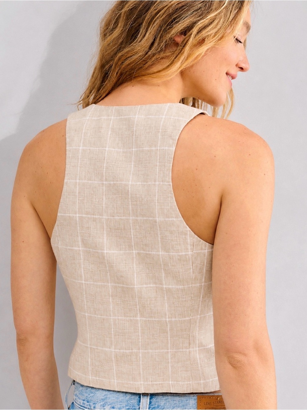 MADEWELL Linen Vest Top Sesame Maeve Glen Plaid Size 8 - Picture 7 of 10